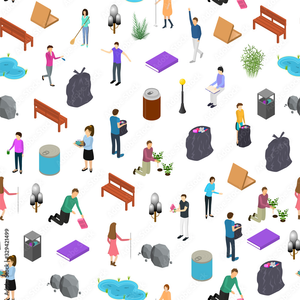 Poster people sorting waste rubbish concept seamless pattern background 3d isometric view. vector