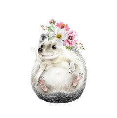 hedgehog cute animal with flowers on his head, isolated watercolor illustration © Lana
