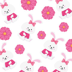 background of cute rabbits female with flowers vector illustration designicon