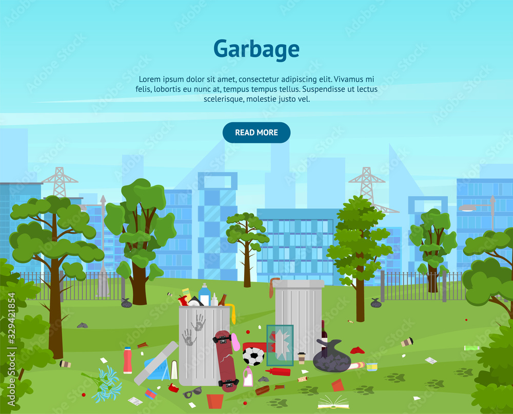 Sticker Cartoon Garbage in Park Card Poster Ad. Vector