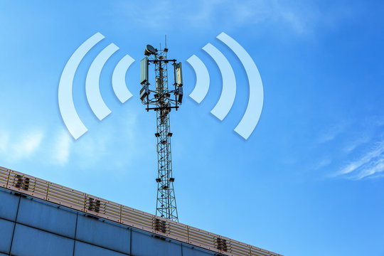 The cell tower with new cellular communications. Base station for operating mobile phones, receiving and sending a signal. Antenna for wireless communication. Cellular systems in the city.
