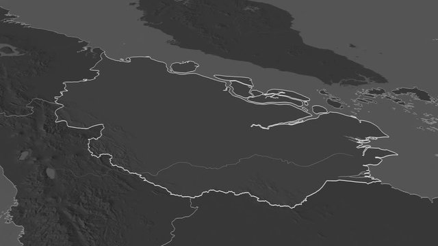Riau, province with its capital, zoomed and extruded on the bilevel map of Indonesia in the conformal Stereographic projection. Animation 3D