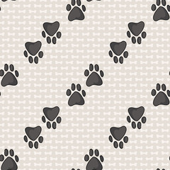Fototapeta na wymiar Hand drawn cute dark gray puppy dog paw line seamless vector pattern. Wild animal paw pad background. Fun joyful wild trail for kids all over print. Kitten and pet. EPS 10. 