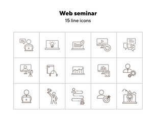 Web seminar line icon set. Computer, achievement, webinar. Self-development concept. Can be used for topics like education, gamification, technology