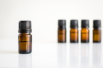 Essential oil bottles display. Natural beauty and health alternative medicine.