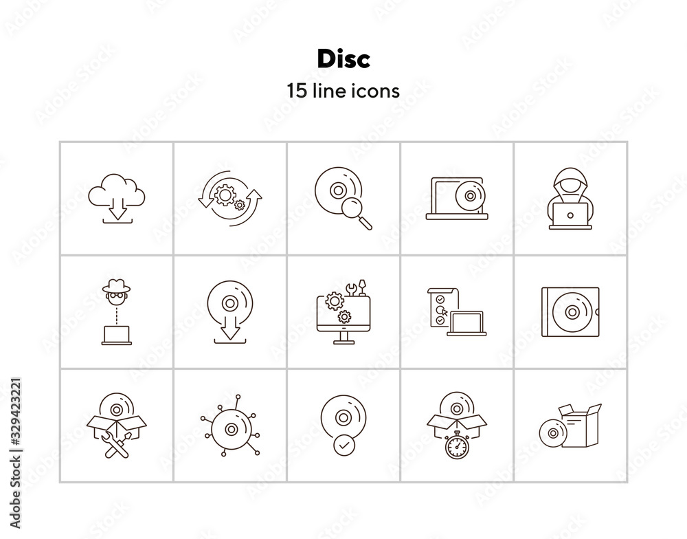 Poster disc icons. set of line icons. cd scan, box for cd, setting cd. software product concept. vector ill