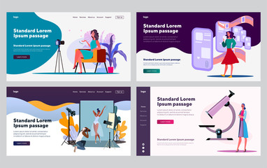 Female professionals in different occupation set. Vlogger, photo model, doctor in lab. Flat vector illustrations. Work, job, specialist concept for banner, website design or landing web page
