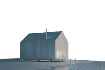 The project of a modern small cottage house in Scandinavian eco-friendly Northern style with a high roof on the lake in white materials with night lighting on a white background, 3D illustration.