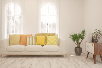 Modern living room in white color with sofa. Scandinavian interior design. 3D illustration