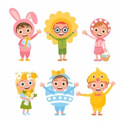 Set of cute kids in a bright Easter costumes. Girls and boys character on a white background. Cute bunny, happy flower, funny egg, little chicken.