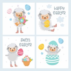 Happy Easter greeting card set. Illustration with cute lamb. Easter eggs, sheep characters and other holiday elements.
