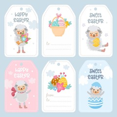 Happy Easter greeting card set. Illustration with cute lamb. Easter eggs, sheep characters and other holiday elements. Easter tags.