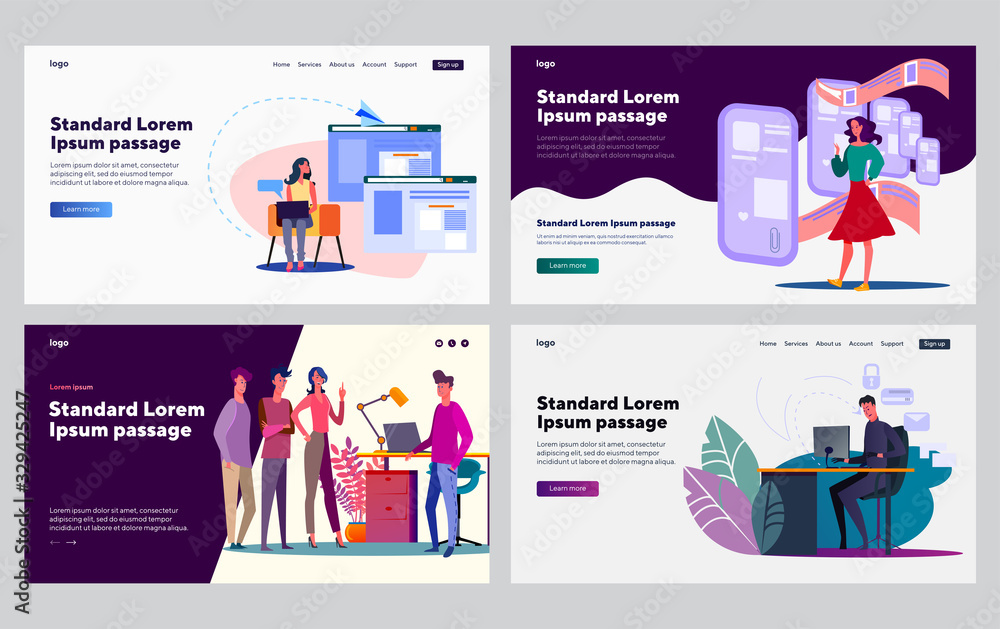 Poster internet occupation set. freelancer sending email, app, hacker stealing data. flat vector illustrati