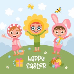 Obraz na płótnie Canvas Happy Easter greeting card. Cute kids in a bright Easter costumes. Girl and boys characters. Cute bunny, happy flower. Easter illustration.
