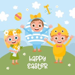 Obraz na płótnie Canvas Happy Easter greeting card. Cute kids in a bright Easter costumes. Girl and boys characters. Cute egg, happy girl in floral wreath, yellow chicken. Easter illustration.