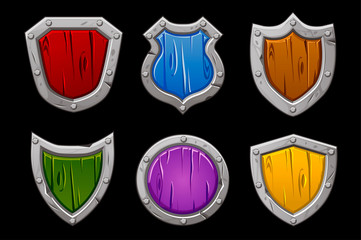 Set of multi-colored stone shields of various shapes.