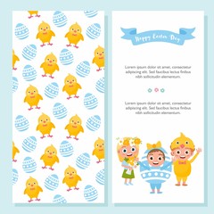 Happy Easter Day greeting card set. Illustration of cute children in Easter costumes. Girl and boys characters. Cute egg, happy chiken. For postcard or invitation.