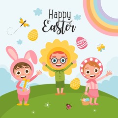 Obraz na płótnie Canvas Happy Easter greeting card. Cute kids in a bright Easter costumes. Girl and boys characters. Cute bunny, happy flower. Easter illustration. Spring landscape.
