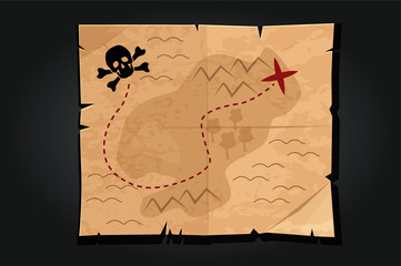 Pirate cartoon vintage paper treasure map with a skull.