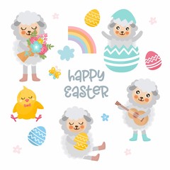 Happy Easter illustration set. Cute lamb, Easter eggs, little chicken, rainbow and other holiday elements. Animals characters.