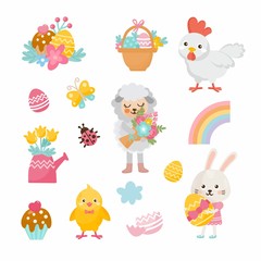 Happy Easter illustration set. Cute lamb, bunny, Easter eggs, little chicken, rainbow and other holiday elements. Animals characters.