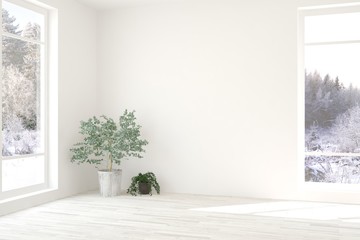 Mock up of empty living room in white color with winter landscape in window. Scandinavian interior design. 3D illustration