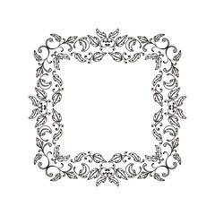 Hand Drawn Vintage damask ornamental elements for design. Baroque frame scroll ornament. Elegant abstract floral pattern border in antique style. Decorative foliage swirl edging.