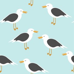 Seamless vector pattern of cute cartoon seagulls on light blue background.
