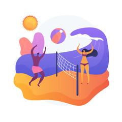 Summertime activities. Summer vacation, seaside relax, outdoor ball games. Suntanned tourists playing beach volleyball. Active rest idea. Vector isolated concept metaphor illustration