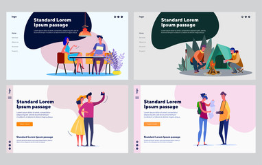 Dating couple set. Young man and woman camping, meeting in cafe, walking tourists. Flat vector illustrations. Activity, relationship, leisure concept for banner, website design or landing web page