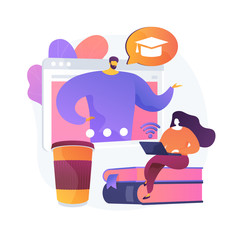 Online lecturing. Distance learning opportunities, self education, internet courses. E learning technologies. Woman watching video tutorial. Vector isolated concept metaphor illustration