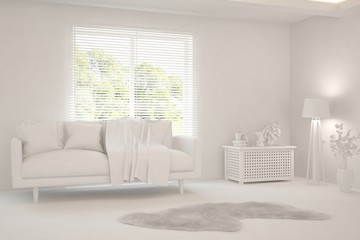 Mock up of minimalist living room in white color with sofa. Scandinavian interior design. 3D illustration