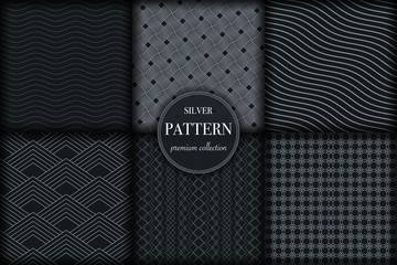Set of 6 silver grayscale luxury geometric pattern background. Abstract line, dot retro style vector illustration for wallpaper, flyer, cover, banner, design template. minimalistic ornament, backdrop
