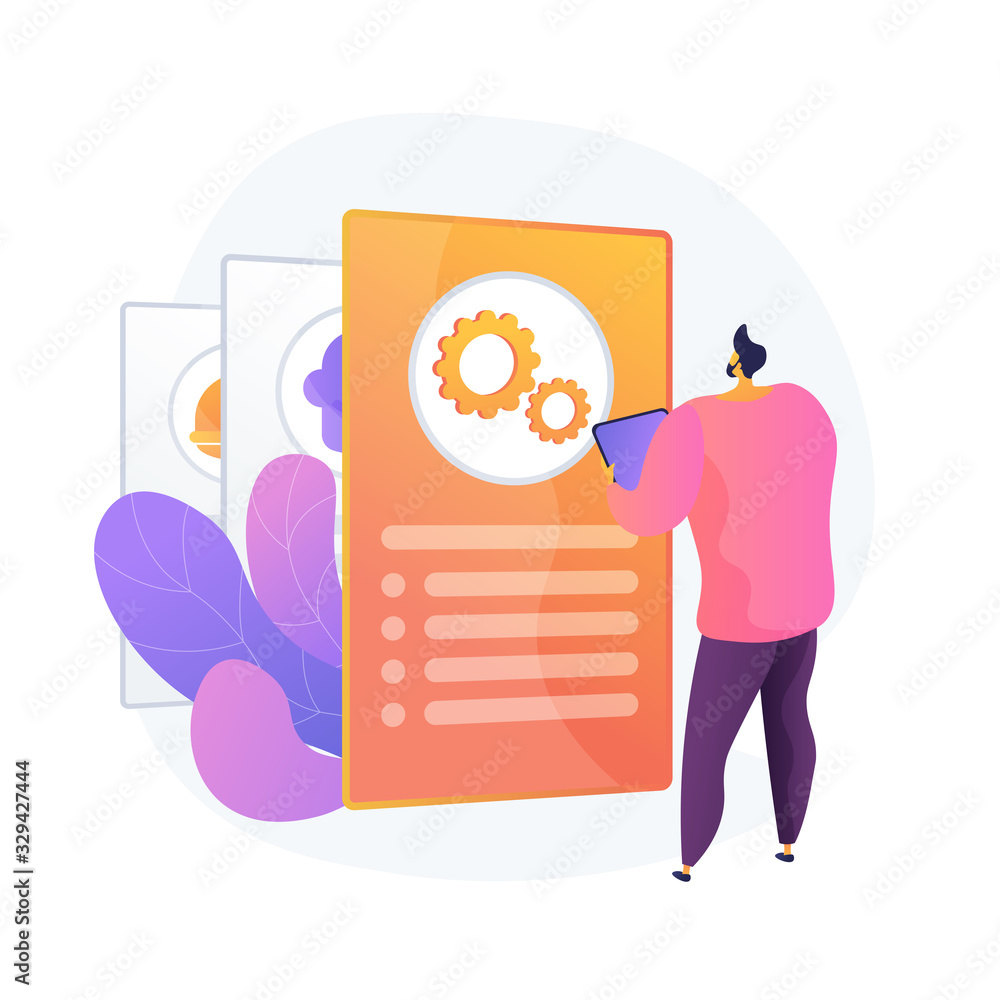Poster instruction manual, guide. document with cogwheel isolated design element. male character analyzing 