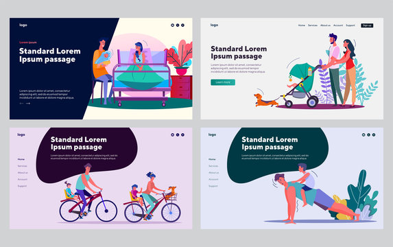 Parents and kids leisure time set. Mom, dad, children walking, riding bikes, exercising. Flat vector illustrations. Parenting, child care, family concept for banner, website design or landing web page