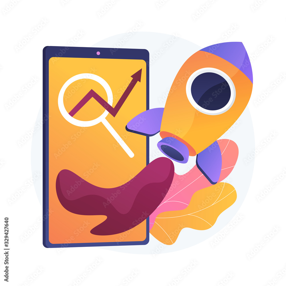 Poster mobile software optimization. business development, startup, launching process. rocketship and smart