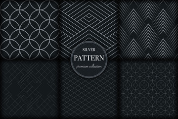 Set of 6 silver grayscale luxury geometric pattern background. Abstract line, dot retro style vector illustration for wallpaper, flyer, cover, banner, design template. minimalistic ornament, backdrop