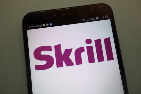 KONSKIE, POLAND - SEPTEMBER 08, 2018: Skrill logo on a smartphone