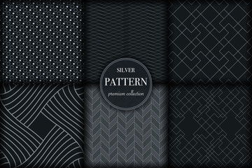 Set of 6 silver grayscale luxury geometric pattern background. Abstract line, dot retro style vector illustration for wallpaper, flyer, cover, banner, design template. minimalistic ornament, backdrop