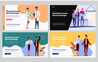 Successful and failed professionals set. Manager arguing with colleague, doctor, engineer team. Flat vector illustrations. Job, work, cooperation concept for banner, website design or landing web page