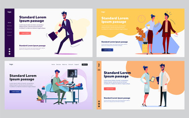 Stressful job set. Manager late, arguing with colleague, doctor examining pregnant patient. Flat vector illustrations. Work, occupation concept for banner, website design or landing web page