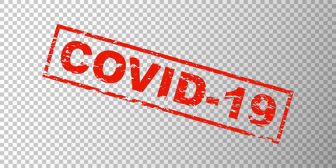 Covid-19 red square grunge stamp on transparent grid background. Coronavirus concept sign with text - COVID-19. Ink mark for secret files. Vector illustration