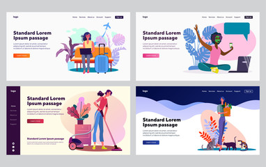 Girls enjoying leisure time set. Tourist in airport, beauty mask, cleaning house, pet. Flat vector illustrations. Lifestyle, activity, weekend concept for banner, website design or landing web page