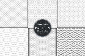 Set of 6 black and white grayscale geometric pattern background. Abstract line, dot retro style vector illustration for wallpaper, flyer, cover, banner, design template minimalistic ornament, backdrop