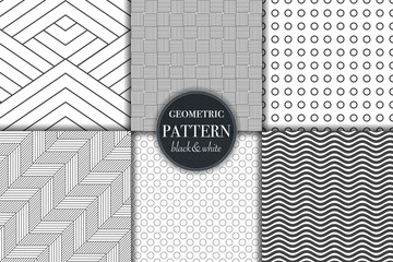 Set of 6 black and white grayscale geometric pattern background. Abstract line, dot retro style vector illustration for wallpaper, flyer, cover, banner, design template minimalistic ornament, backdrop
