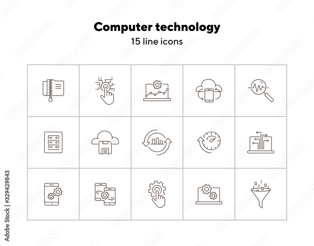 Poster computer technology line icon set. database, cogwheel, settings. network concept. can be used for to