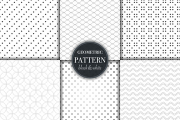 Set of 6 black and white grayscale geometric pattern background. Abstract line, dot retro style vector illustration for wallpaper, flyer, cover, banner, design template minimalistic ornament, backdrop