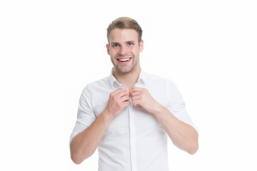Man to every detail. Happy man isolated on white. Handsome man in casual style. Blond man with...