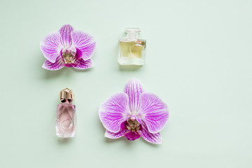 bottle of womens perfume and a delicate orchid flower on a pastel green background.Purple Orchid flower Phalaenopsis and and Perfume,Flower Scented Perfumes.Floral perfume bottle with flowers