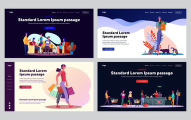 Fototapeta na wymiar Shopping people set. Woman holding packet with food, walking with bags, supermarket. Flat vector illustrations. Retail, store, consumerism concept for banner, website design or landing web page